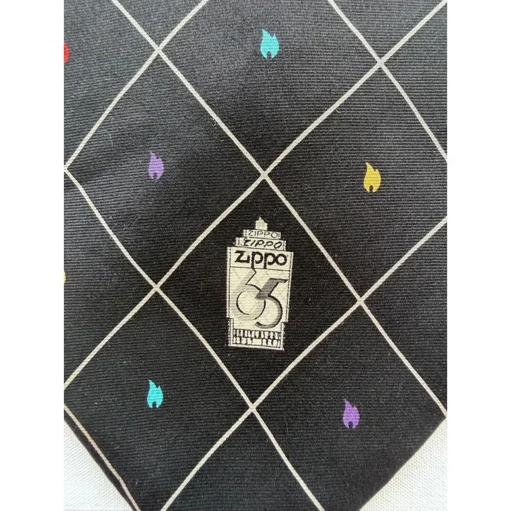 Vintage Zippo 100% Silk Necktie Made in USA Black Diamond Colorful Flame Logo